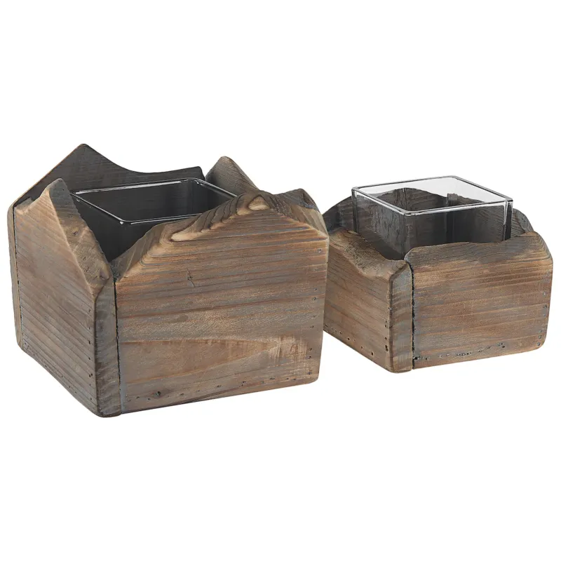 Zestaw 2 świeczników PLATEROS Drewno jodłowe 15/12 cm Ciemnobrązowy - Kup teraz