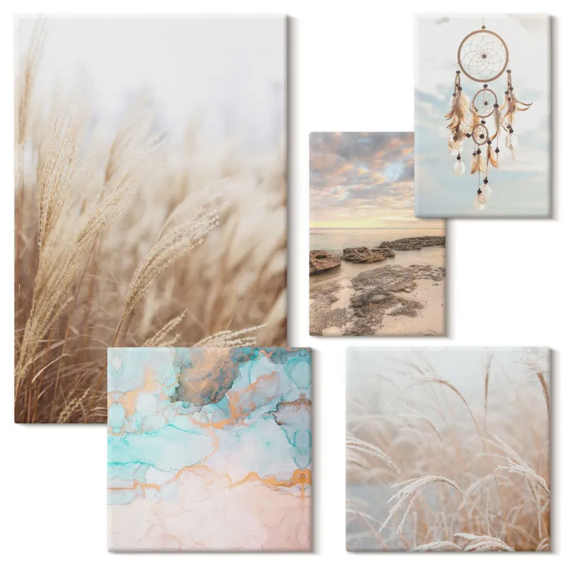Wyjątkowa oferta Zestaw 5 obrazów na płótnie - Naturalne pejzaże boho etno - beżowy -