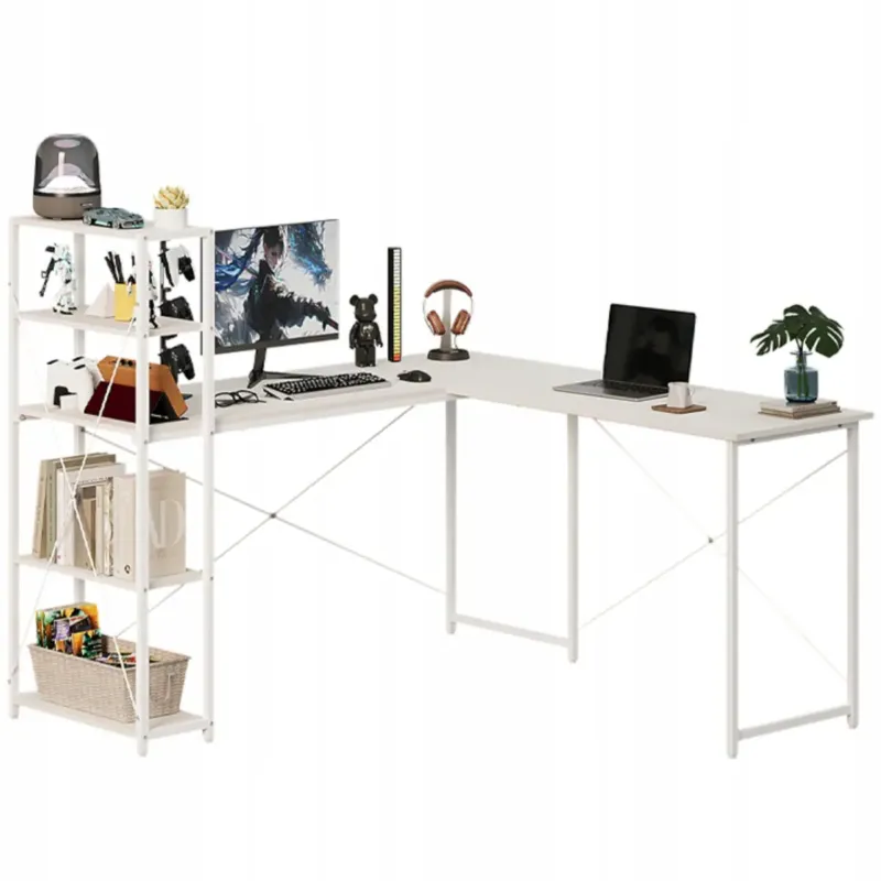 Tylko dziś Biurko komputerowe narożne półkami regałem białe eleganckie szkolne loft -