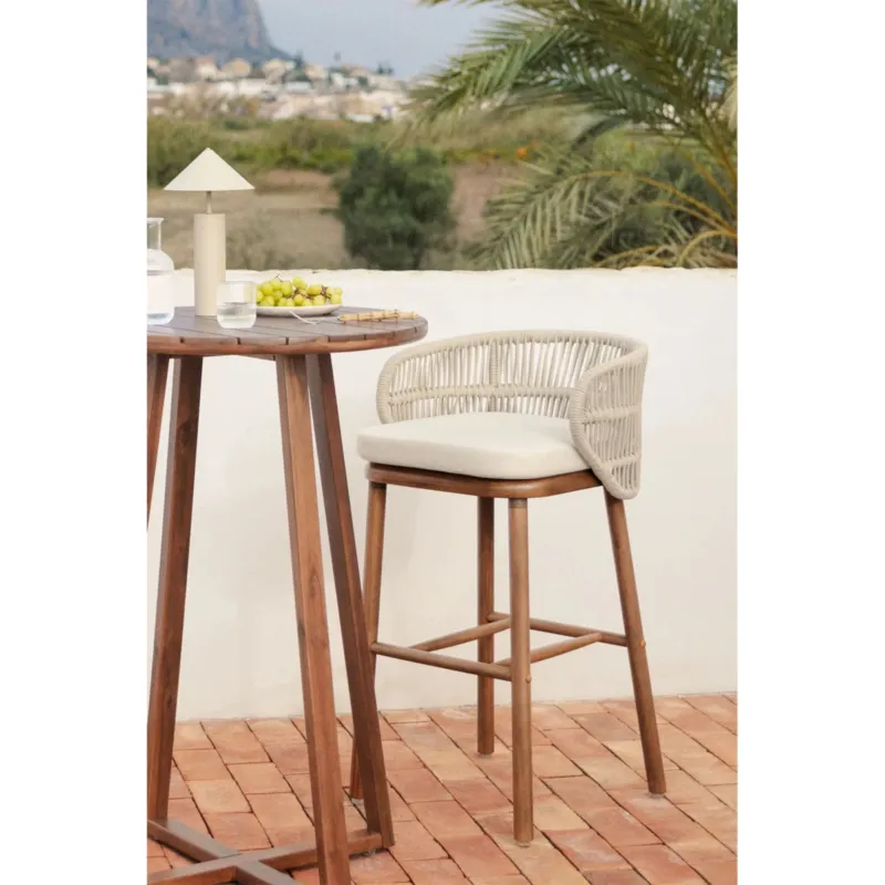 Krzesło barowe, ogrodwe, drewno akacji + pleciony sznurek Capri, ↑65 cm - Kup online