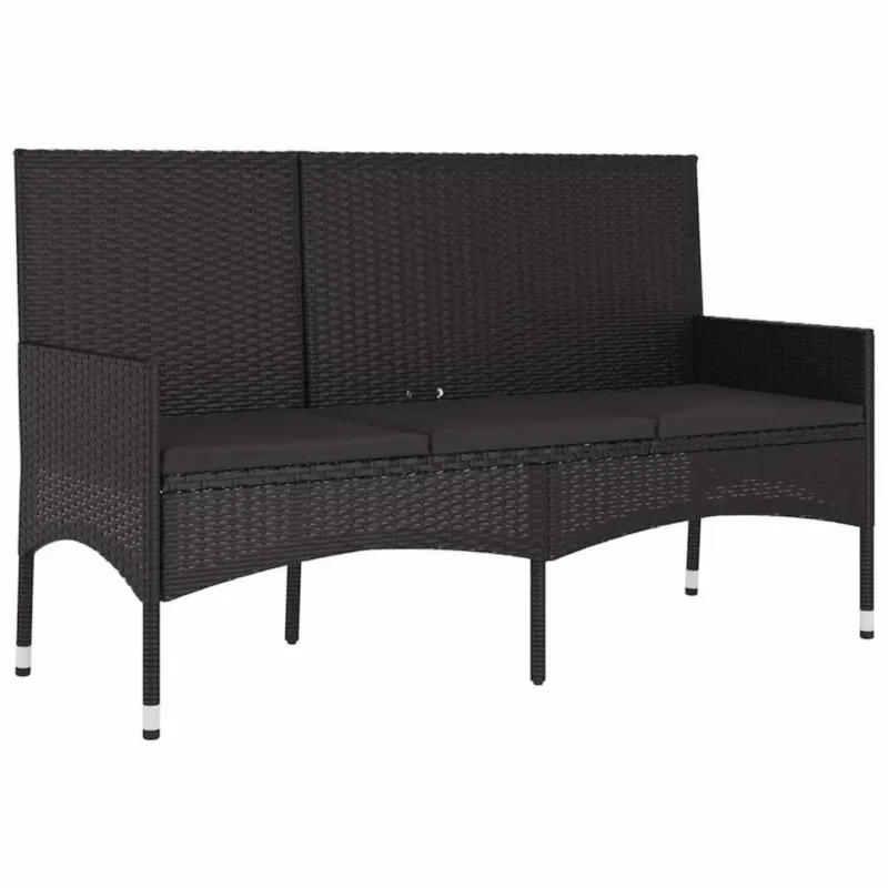 vidaXL 3-osobowa ławka ogrodowa z poduszkami, czarna, polirattan - Oferta limitowana