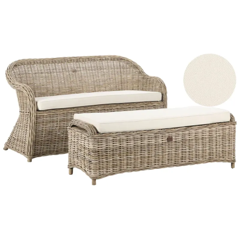 Ławka ogrodowa z poduchą SUSUA 141 cm z otomaną Rattan Naturalny - Nowy