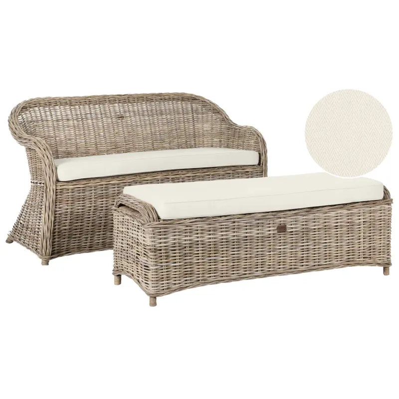 Kup online Ławka ogrodowa z poduchą SUSUA 150 cm z otomaną Rattan Naturalny -