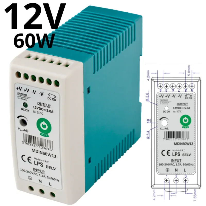 Tani Zasilacz Led 12V 60W Na Szynę Din Mdin60W12