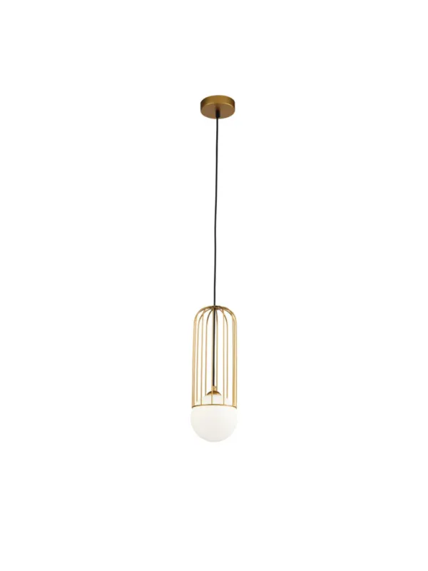 Łatwy zwrot Złota lampa wisząca Telford do salonu - ażurowa klatka i mleczna kula 1xG9
