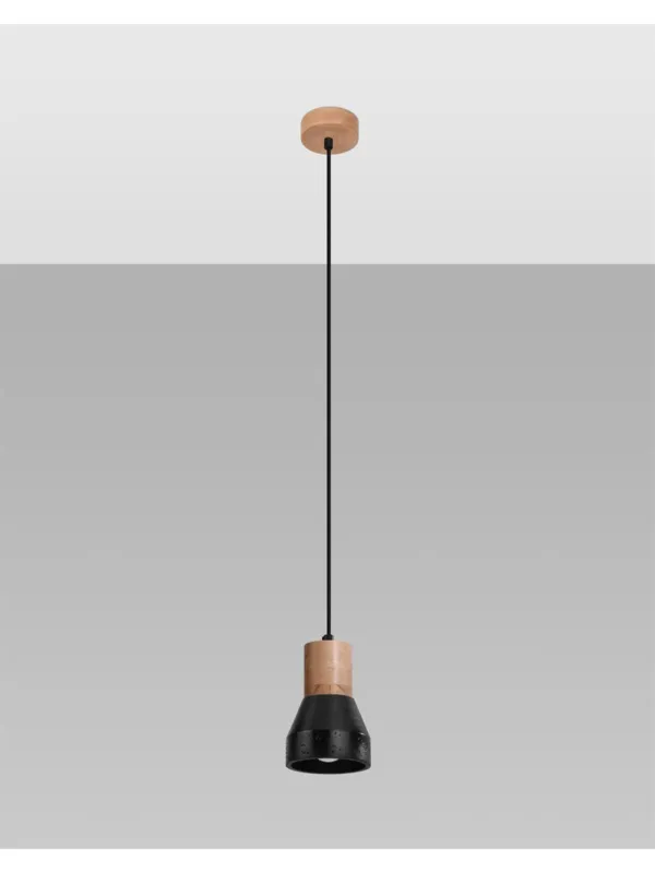 Pojedyncza mała lampa wisząca QUBIC czarny beton z drewnem Premium