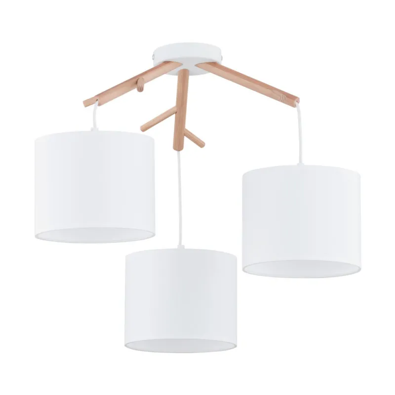 Lampa wisząca z drewnianymi ramionami i białymi, tkaninowymi abażurami do sypialni w stylu skandic-eco ALBERO 6553 3xE27 TK Lighting Obniżka ceny
