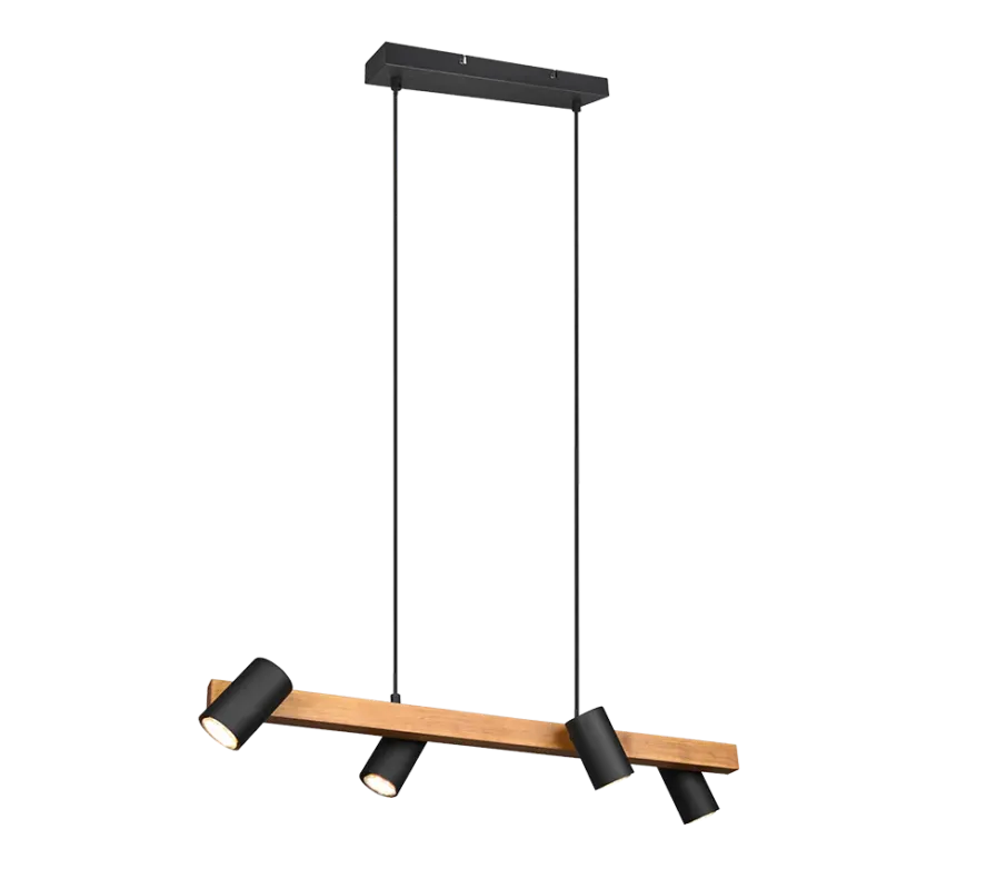 Lampa wisząca nowoczesna drewno + czarny 4 reflektory MARLEY 312490432 - Trio Tani