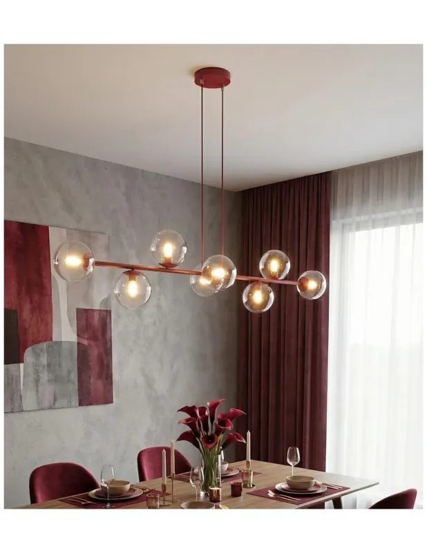 Ostatnia szansa Lampa wisząca szklana podłużna z 8 kulami Magnus 130cm przeźroczysty / burgund Emibig