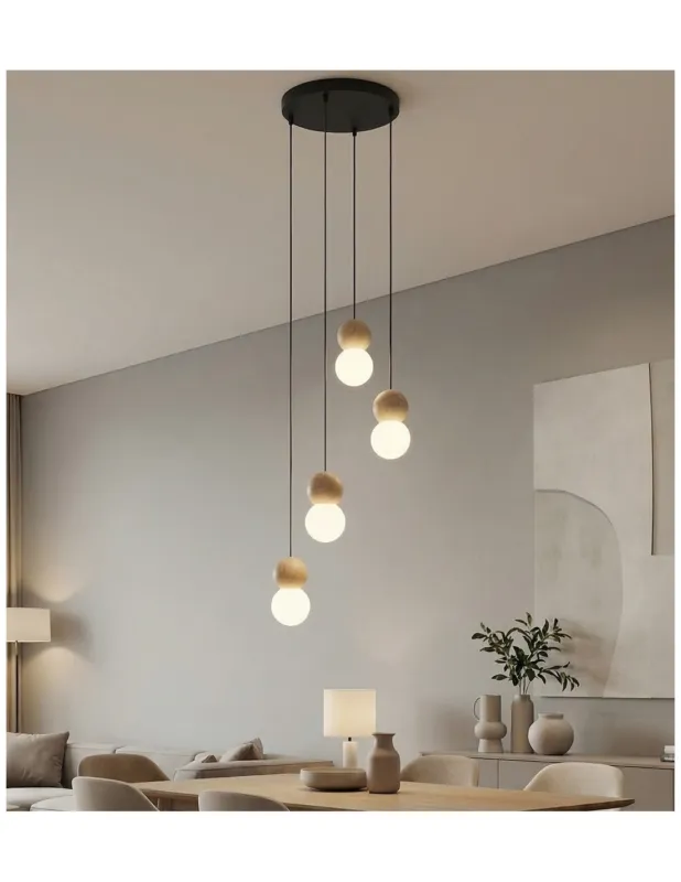 Darmowy zwrot Lampa wisząca 4 kule szklane Loop 33cm opal / drewno / czarny Emibig