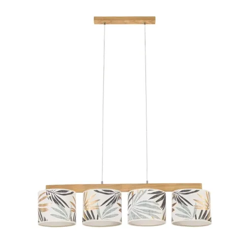 Lampa wisząca cztery abażury na drewnianej listwie białe w tropikalne liście ze złotem Britop 524710404 Hoja 4xE27 86cm Dostępne od ręki