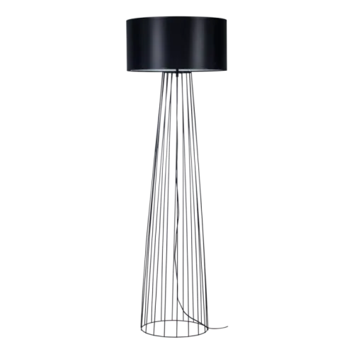 Lampa podłogowa czarna metalowy stelaż nowa ażurowa z prętów pionowych abażur walec z tkaniny Britop 79249104 Swan 1xE27 Tylko do końca tygodnia