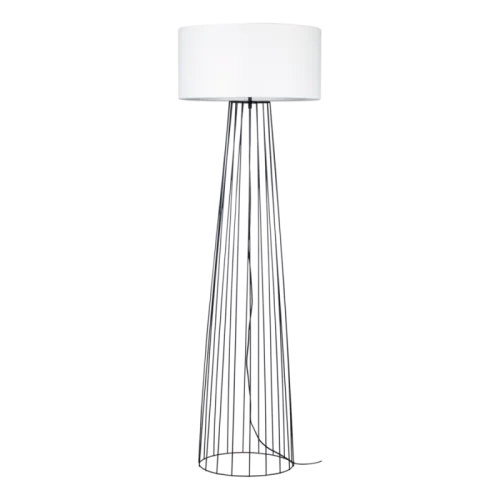 Sprawdź teraz Lampa podłogowa metalowa noga z czarnych prętów biały abażur walec z tkaniny Britop 79229104 Swan 1xE27