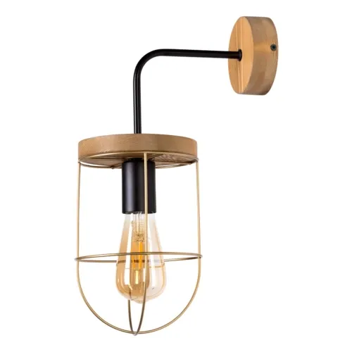 Lampa ścienna kinkiet metalowa osłona złota na żarówkę dekoracyjną drewniana podstawa sosnowa loft industrialna Britop 9201517104 Netuno 1xE27 Bezpieczne zakupy