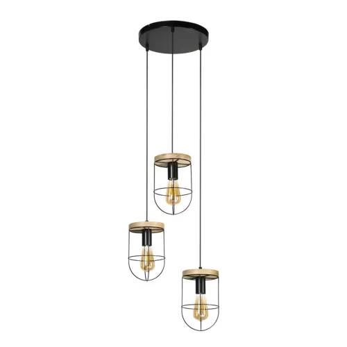 Hit sprzedaży Lampa wisząca loftowa trzy abażury druciane czarne z drewnianym elementem Britop 184159304R Netuno 3xE27