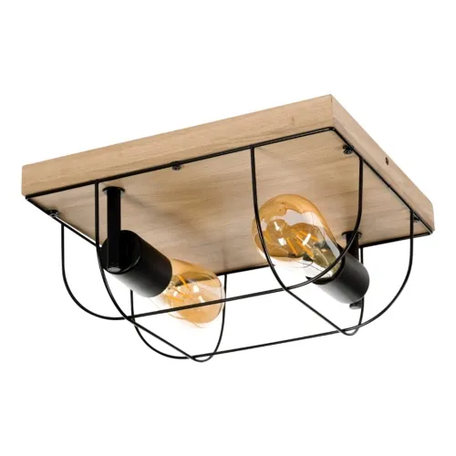 Rabat Lampa sufitowa drewniana podstawa dębowa loft na dwie żarówki czarna metalowa osłona Britop 92042274 Netuno 2xE27