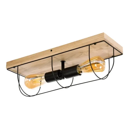 Lampa sufitowa drewniana podstawa dębowa loft na dwie żarówki metalowa osłona czarna Britop 92043274 Netuno 2xE27 Obniżka ceny