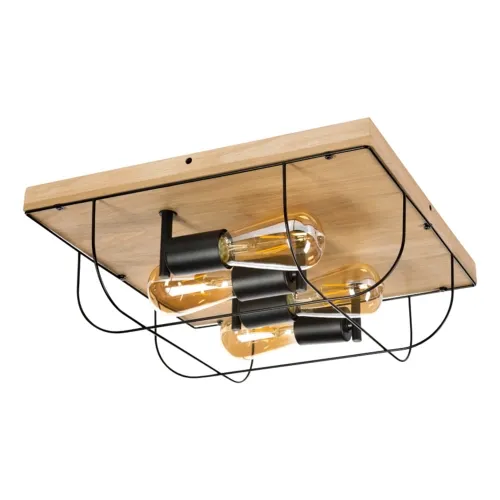 Lampa sufitowa loft industrialna drewniana kwadratowa podstawa i cztery czarne trzonki na żarówki dekoracyjne Britop 92044474 Netuno 4xE27 40x40cm Ostatnia szansa