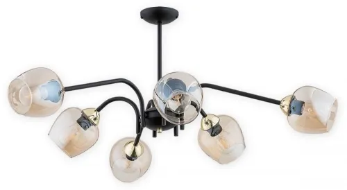 Czarna szeroka lampa sufitowa z złotymi dodatkami i bursztynowymi kloszami Lemir O3066 W6 CZA + ZL Katla 6xE27 77cm Wysoka jakość