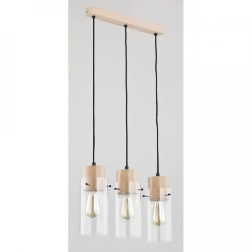 Drewniana lampa wisząca nad stół w stylu skandynawskim transparentne szklane klosze tuby Tantum Alfa 60176 3xE27 100cm x 48cm Nowy