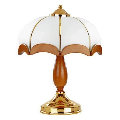 Lampa drewniana nocna w stylu prl metalowa złota podstawa i szklany mleczny klosz Sikorka Alfa 769 2xE14 40cm Premium