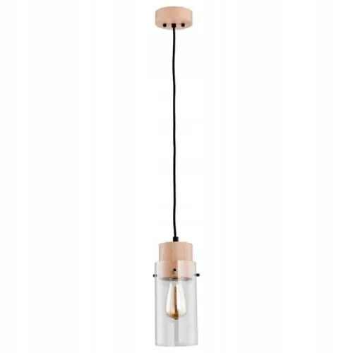 Najlepsza cena Lampa wisząca drewniana na jedną żarówkę z podłużnym szklanym kloszem na czarnym przewodzie Tantum Alfa 60380 E27 100cm x 13cm