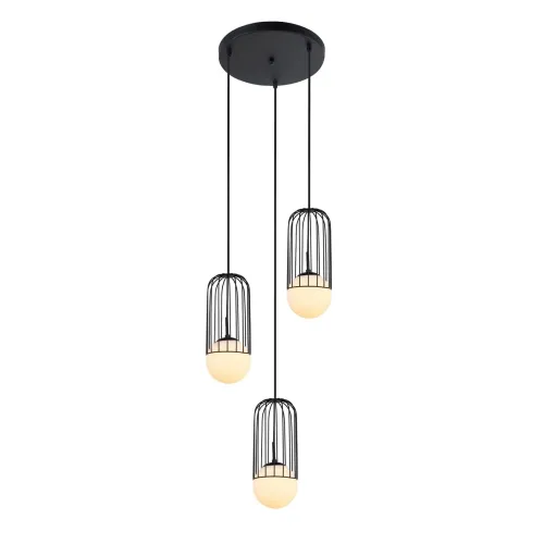 Lampa wisząca nowoczesna czarna trzy metalowe abażury z prętów w kształcie kopuł z kulą z mlecznego szkła wiszące na przewodach Italux MDM-3939/3 BK Matty 3xE27 Hit sprzedaży