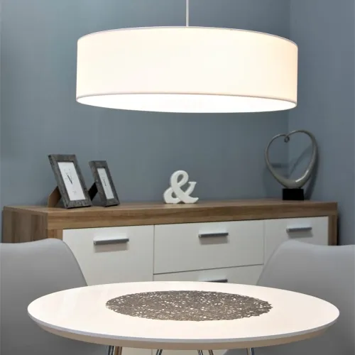 Kup teraz Lampa wisząca do jadalni brązowa cylindryczny abażur z tkaniny i satynowa podsufitka Spot-Light 57950127 Josefina 3xE27 110cm x 50cm